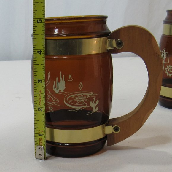 Vintage Siesta Ware Brown Barrel Amber Glass Mug Wood Handle Brass Trim Set of 5 - Picture 11 of 12